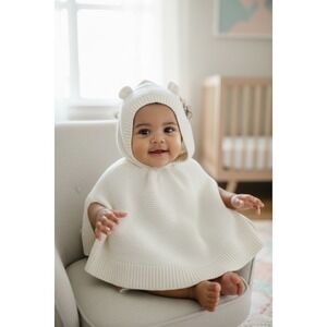GAP Baby Hooded Cape Poncho Sweater Bear Ears Ivory 0-6 Months Unisex luxe cozy